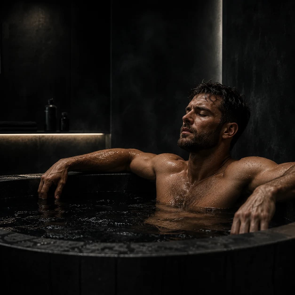 Athlete recovering in a cinematic cold plunge setting